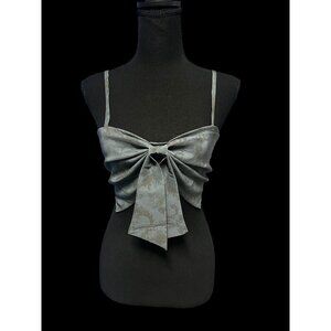 KIMCHI BLUE Womens Blue Jacquard Bow Detail CropTop, Adjustable Straps, Smocked